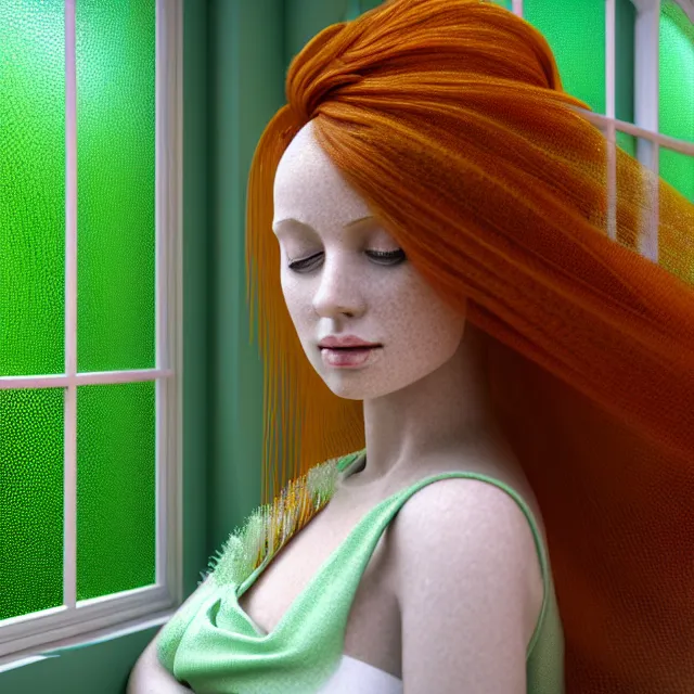 Prompt: an striking!! render of a woman with auburn hair and a white veil on her head wearing a green dress sitting in front of an open window, an ambient occlusion render, featured on zbrush central, hyper realistic art, neural pointillism, houdini, zbrush, warm earth tones, natural light, oil painting, strong brushwork