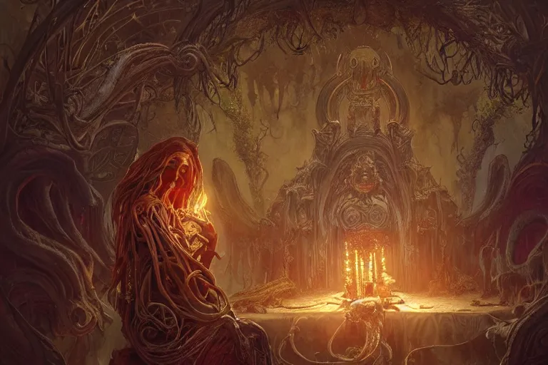 Image similar to a lovecraftian painting of a demonic shrine, occult, paigan ritual, cosmic horror elements, ultra realistic, concept art, intricate details, eerie, highly detailed, photorealistic, octane render, 8 k, unreal engine. art by artgerm and greg rutkowski and alphonse mucha