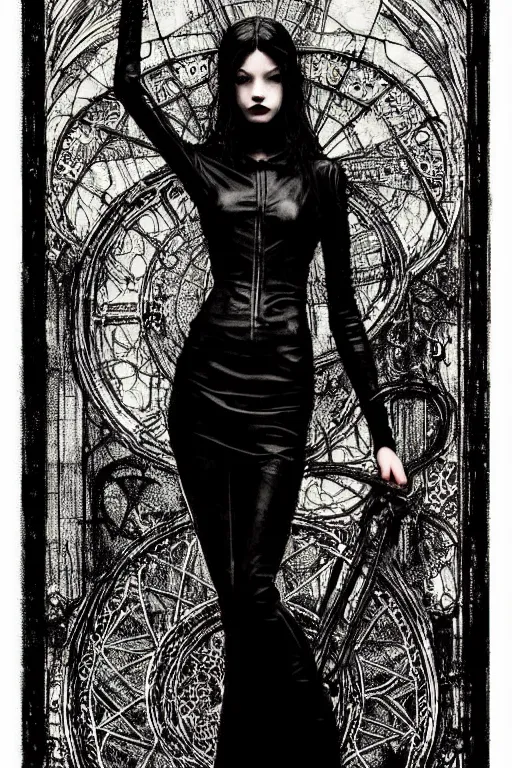 Image similar to dreamy gothic girl, black leather slim clothes, impressive and unprincipled, wonderful slim body, detailed acrylic, grunge, intricate complexity, by dan mumford and by alberto giacometti, peter lindbergh