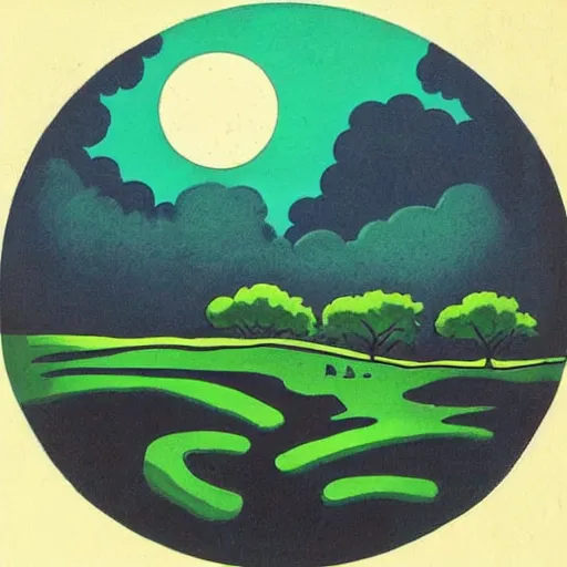 Image similar to plantation, bayou, heavy ink, moon in sky encircled by clouds, cool color palette, green!!!!, mike mignola