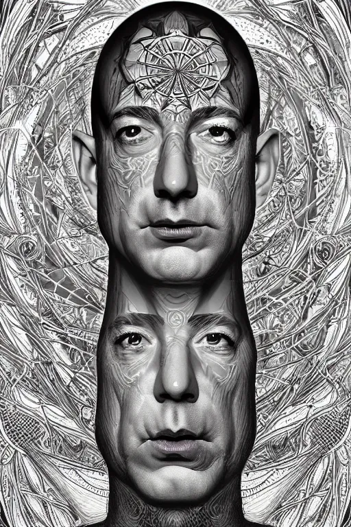 Prompt: cinematic portrait of a King Jeff Bezos. Centered, uncut, unzoom, symmetry. charachter illustration. Dmt entity manifestation. Surreal render, ultra realistic, zenith view. Made by hakan hisim feat cameron gray and alex grey. Polished. Inspired by patricio clarey, heidi taillefer scifi painter glenn brown. Slightly Decorated with Sacred geometry and fractals. Extremely ornated. artstation, cgsociety, unreal engine, ray tracing, detailed illustration, hd, 4k, digital art, overdetailed art. Intricate omnious visionary concept art, shamanic arts ayahuasca trip illustration. Extremely psychedelic. Dslr, tiltshift, dof. 64megapixel. complementing colors. Remixed by lyzergium.art feat binx.ly and machine.delusions. zerg aesthetics. Trending on artstation, deviantart
