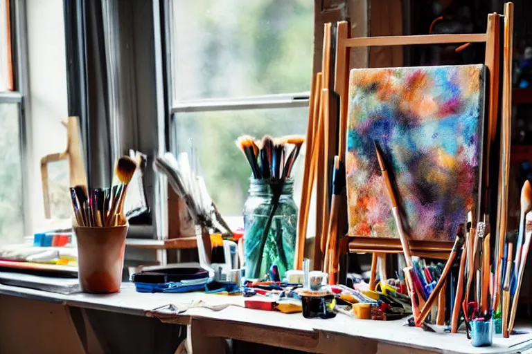 Prompt: artists studio full of art equipment. mason jar full of brushes close view on table easel with paining by window scenic full shot ambient lighting