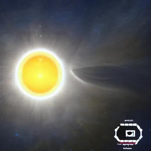 Image similar to hexagon sun shield floating in space, unreal engine, digital art, solar eclipse, seen from earth