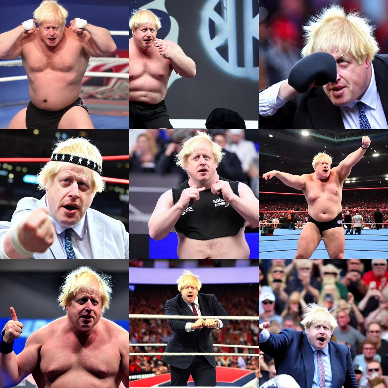 Prompt: boris johnson as an angry muscular wwe wrestler wearing a cap hat. he is looking closely at his open hand