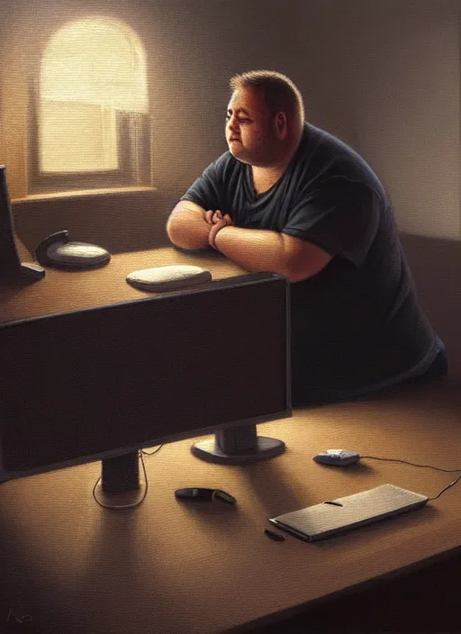 Image similar to insanely detailed chiaroscuro image of a exhausted - looking slightly fat casually - dressed programmer guy on his knees facing his glowing ultrawide computer monitor monitor begging it for forgiveness, oil on canvas, masterwork, fine detail, trending on artstation, emotive, insanely compelling, greg rutkowsky, moebius