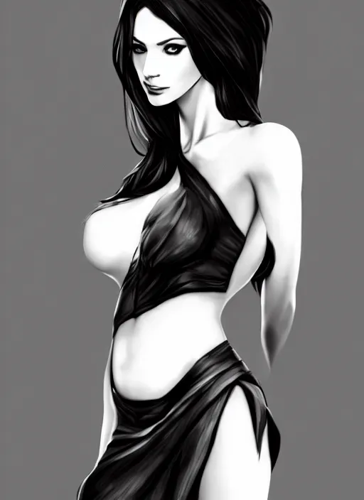 Image similar to full body portrait of a beautiful woman in black and white, photorealistic, hair down to waist, art by diego fazio and diegoKoi and artgerm, concept art, hyper sharp focus, 8k highly detailed