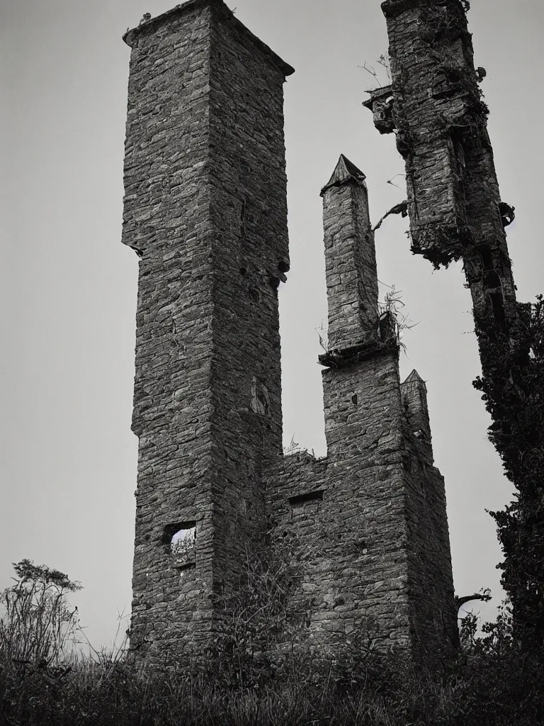 Prompt: The abandoned wizard\'s tower in the overgrown garden. Paul Caponigro.