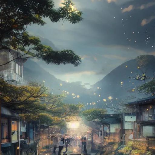 Prompt: walking around misumi west port and manda pit, kumamoto, japan. volumetric lighting, dew, spring evening, clear weather, ( few clouds ), realistic illustration, golden hour, perfectly shaded, soft painting, art by krenz cushart and wenjun lin