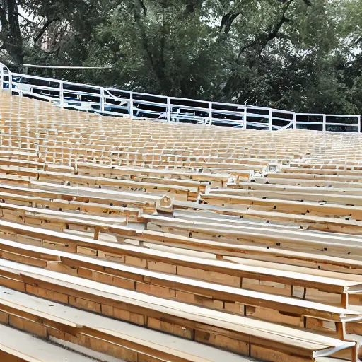 Image similar to a set of bleachers, with bottles of bleach stacked neatly on the benches