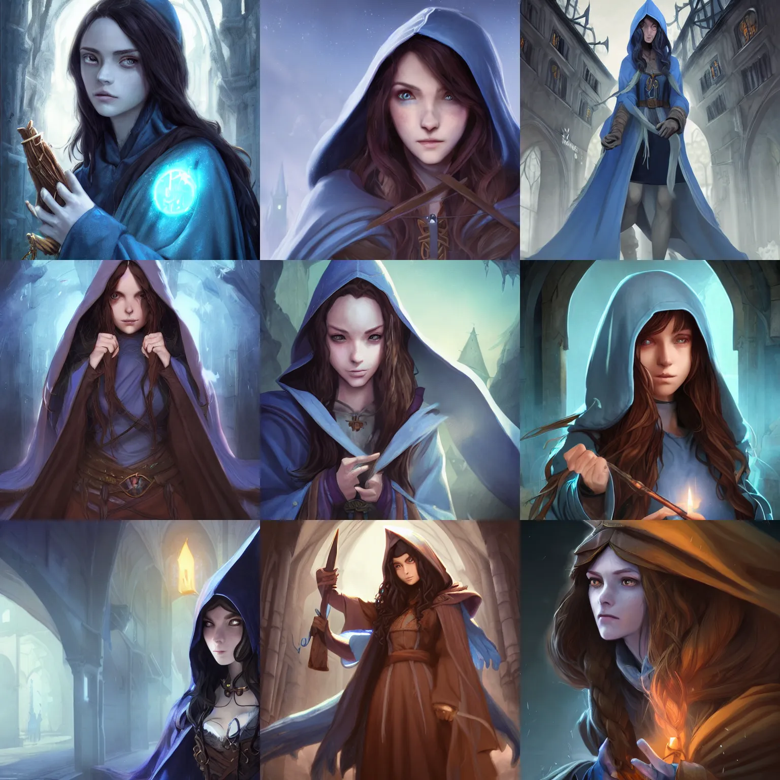 Prompt: a female wizard with long brown hair wearing a blue hood and blue robe exploring a dark and sinister medieval village, fantasy, character design by charlie bowater, ross tran, artgerm, and makoto shinkai, detailed, soft lighting, rendered in octane