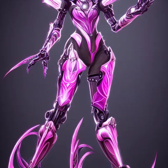 Image similar to highly detailed exquisite fanart, of a beautiful female warframe, but as an anthropomorphic robot dragon, shiny silver armor engraved, Fuchsia skin beneath the armor, elegant pose, close-up shot, full body shot, epic cinematic shot, long elegant tail behind, sharp claws for hands, professional digital art, high end digital art, singular, realistic, DeviantArt, artstation, Furaffinity, 8k HD render