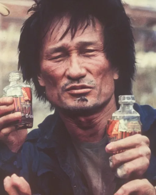 Prompt: sixty years old viktor tsoi drink vodka, bottle of vodka, bread, color photo, in the style of documentary journalism, close up photo, kodak gold