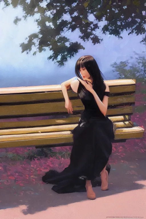 Image similar to A ultradetailed beautiful panting of a stylish woman siting on a park bench, Oil painting, by Ilya Kuvshinov, Greg Rutkowski and Makoto Shinkai