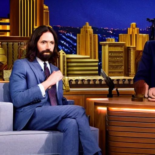 Prompt: jesus as a guest on the tonight show