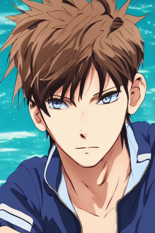 Image similar to portrait of a teen boy wearing a blue and white jumpsuit, brown spiky hair, tan skin, purple eyes, detailed, anime key visual, hisashi hirai