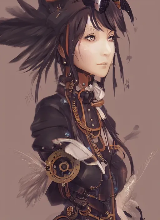 Image similar to steampunk themed anime girl with a steampunk robotic crow on her shoulder, finely detailed, portrait, beautiful, cinematic lighting, made by wlop, artgerm, illustration