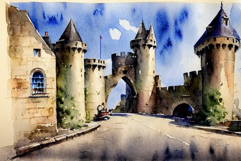 Image similar to 1950s castle gate with drawbridge muted colors. watercolor Jean-Baptiste Monge