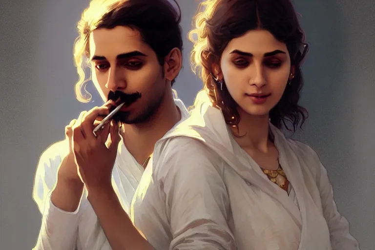 Image similar to Anxious good looking pale young Indian doctors smoking, portrait, elegant, intricate, digital painting, artstation, concept art, smooth, sharp focus, illustration, art by artgerm and greg rutkowski and alphonse mucha