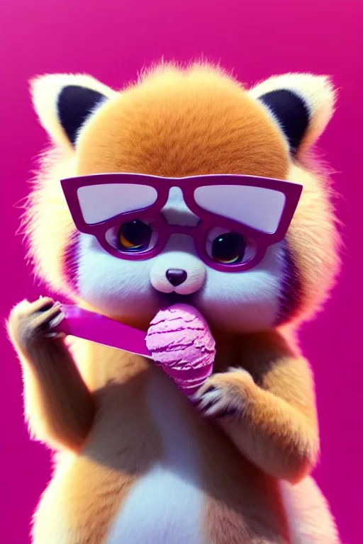 Prompt: high quality 3 d render hyperrealist very cute pastel fluffy! red panda & tarsier hybrid eating giant ice cream full body, vray smooth, in the style of detective pikachu, hannah yata charlie immer, dramatic pink light, low angle, uhd 8 k, sharp focus