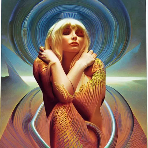 Image similar to young debbie harry as queen of jupiter by zdzisław beksinski, zaha hadid and alphonse mucha. highly detailed, hyper - real, beautiful, fractal details, complex