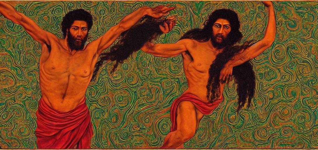 Image similar to an abstract spiritual background, portrait of a multiracial greek god dancing ecstatically, green eyes. 2 4 mm, photorealistic, muted color scheme, directed by mati klarwein and mat collishaw