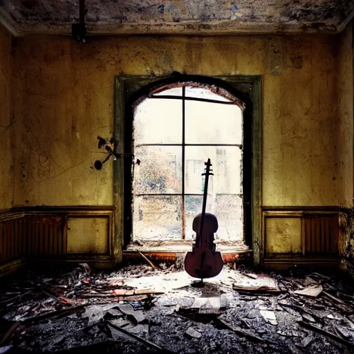 Image similar to abandoned places with a cello, cinematic light,