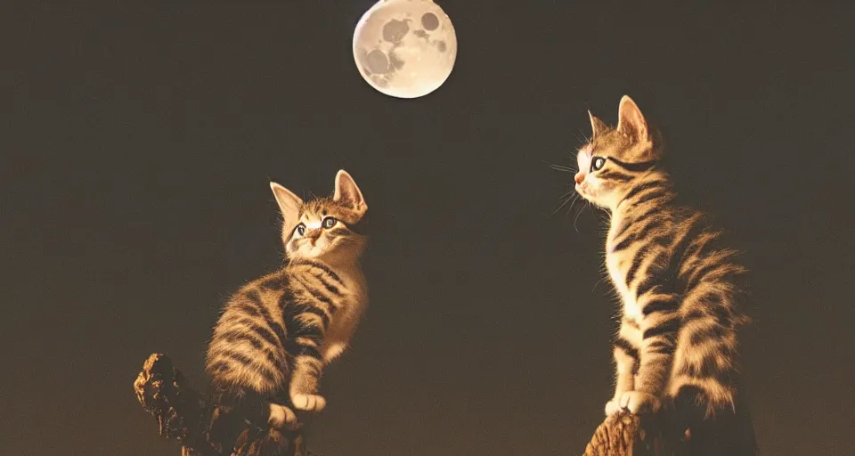 Prompt: a kitten standing on a tree and looking at the moon, night