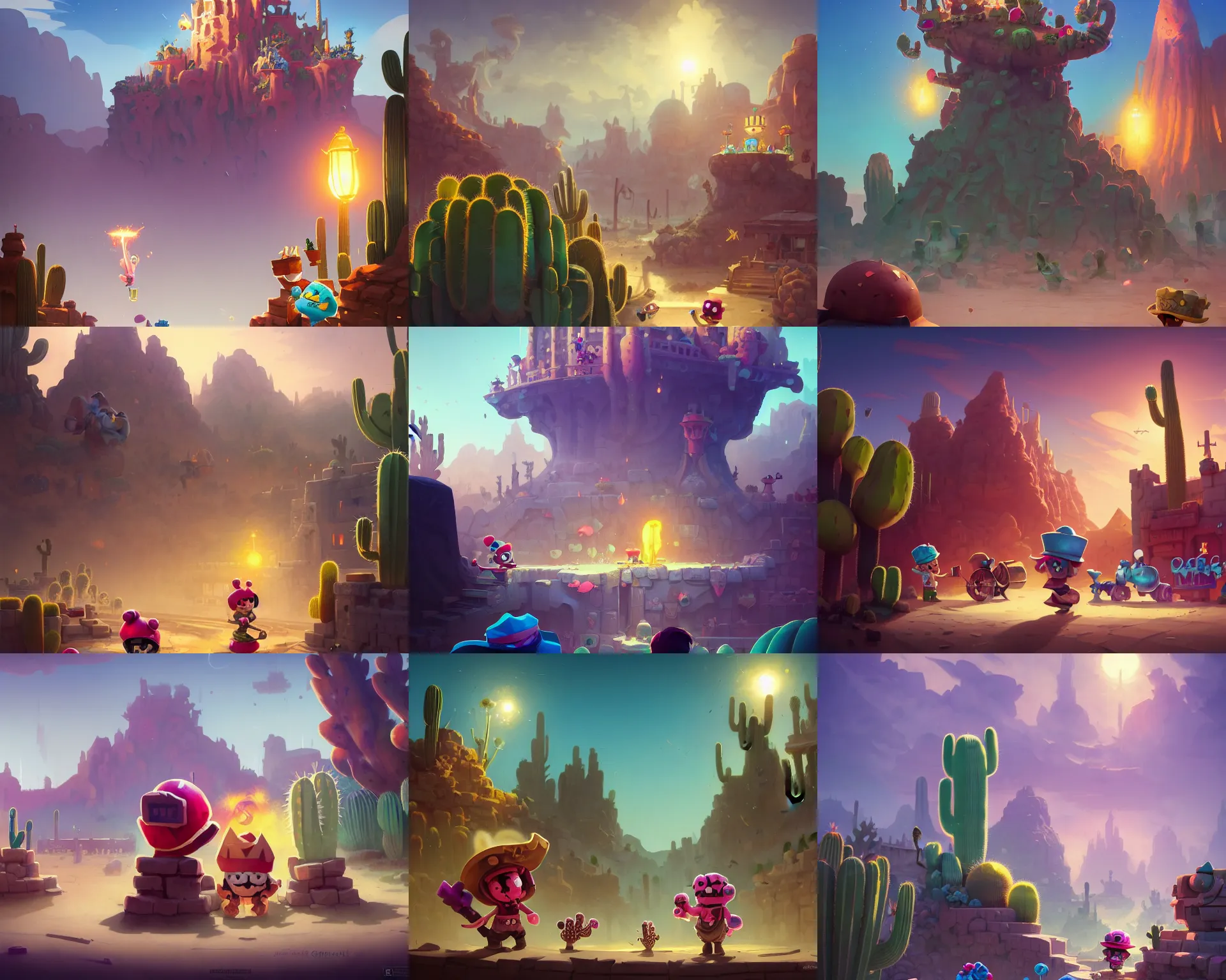 Prompt: splash art brawlstars, light dust, magnificent, theme park, cactus, western, desert, medium shot, details, sharp focus, elegant, highly detailed, illustration, by Jordan Grimmer and greg rutkowski and ocellus and alphonse mucha and wlop, intricate, beautiful, Trending artstation, pixiv, digital Art