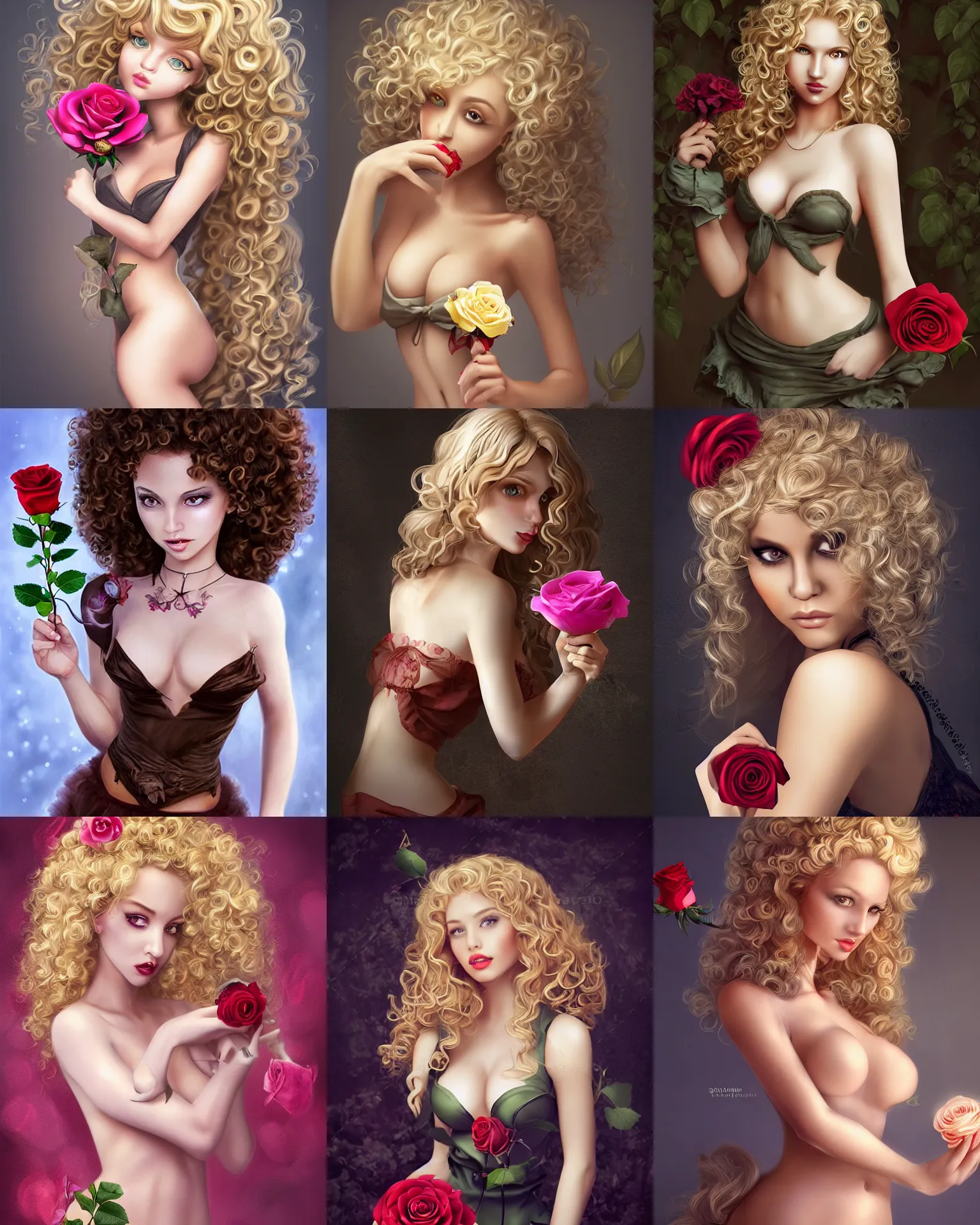 Prompt: beautiful mouse - girl, blonde curly hair, holding a rose, dark fantasy, feminine figure, gorgeous, pretty face, beautiful body, revealing outfit, high detail, tempting, realistic, andrei riabovitchev