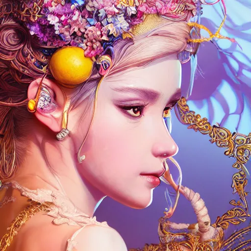 Image similar to the portrait of an absurdly beautiful, graceful, elegant, sophisticated, young idol made up of lemons, an ultrafine hyperdetailed illustration by kim jung gi, irakli nadar, intricate linework, bright colors, octopath traveler, final fantasy, unreal engine 5 highly rendered, global illumination, radiant light, detailed and intricate environment