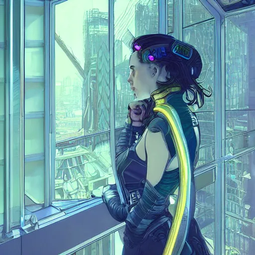 Image similar to portrait of cyberpunk woman looking out of a window, cyberpunk setting, futuristic, highly detailed, intricate lighting, digital painting, sharp focus, illustration, trending on artstation, art by alphonse mucha.