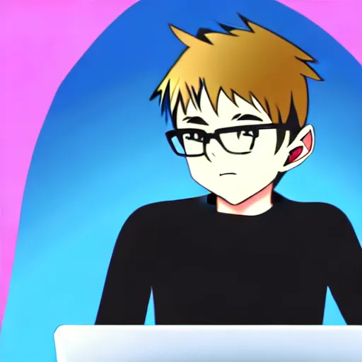 Image similar to a smart teenager boy with a black hoodie sitting behind his laptop and programming, anime art style