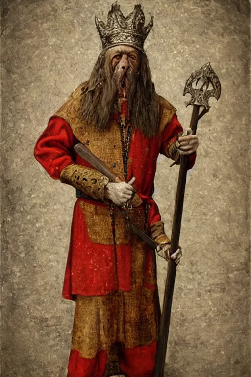 Image similar to Slavic dog head man, woolen torso in medieval clothes, Orthodox Saint Christopher, oil painting, hyperrealism, beautiful, high resolution, trending on artstation, with an axe,