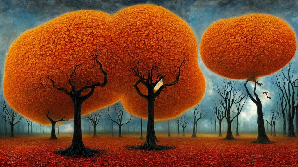 Image similar to surreal landscape, surrealism, symmetrical, whirling autumn trees, esao andrews, victor enrich, dali