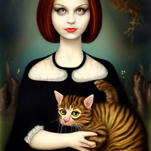 Image similar to a painting of a woman holding a cat, a character portrait by mark ryden, featured on deviantart, gothic art, tarot card, deviantart, gothic