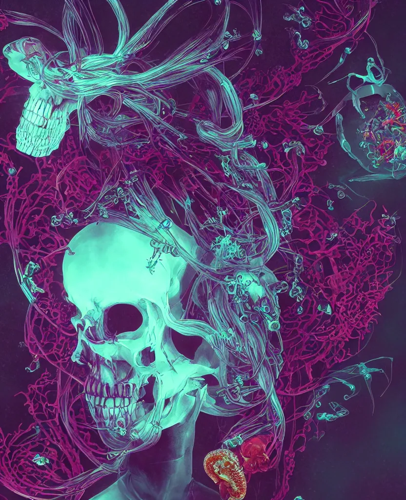 Prompt: close-up portrait goddess skull, thorax, x-ray, backbone, jellyfish phoenix head, nautilus, orchid, skull, betta fish, bioluminiscent creatures, intricate artwork by Tooth Wu and wlop and beeple. octane render, trending on artstation, greg rutkowski very coherent symmetrical artwork. cinematic, Triadic color scheme, hyper realism, high detail, octane render, 8k