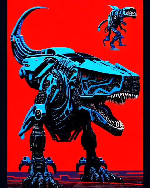 Image similar to a fierce mech cyborg t - rex dinosaur, transformer, high details, symmetry, bold line art, by vincent di fate and joe fenton, inking, etching, screen print, masterpiece, trending on artstation, sharp, high contrast, hyper - detailed,, hd, 4 k, 8 k