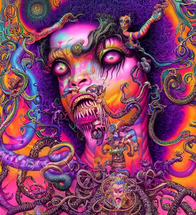 Prompt: lisa frank blotter acid fantasy character portrait of kali yuga, ultra realistic, wide angle, intricate details, dharma artifacts, aum, highly detailed by hr giger, peter mohrbacher, wayne barlowe, boris vallejo, hajime sorayama aaron horkey, gaston bussiere, craig mullins