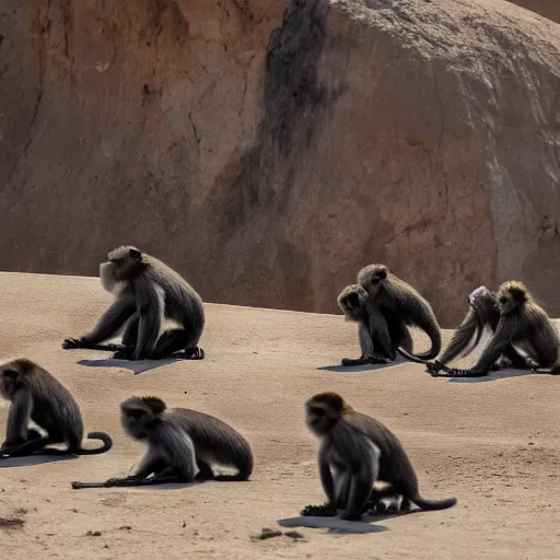 Image similar to Contamporary art photography of group of monkey's that wears suits standing around Obsidian monolith in the desert