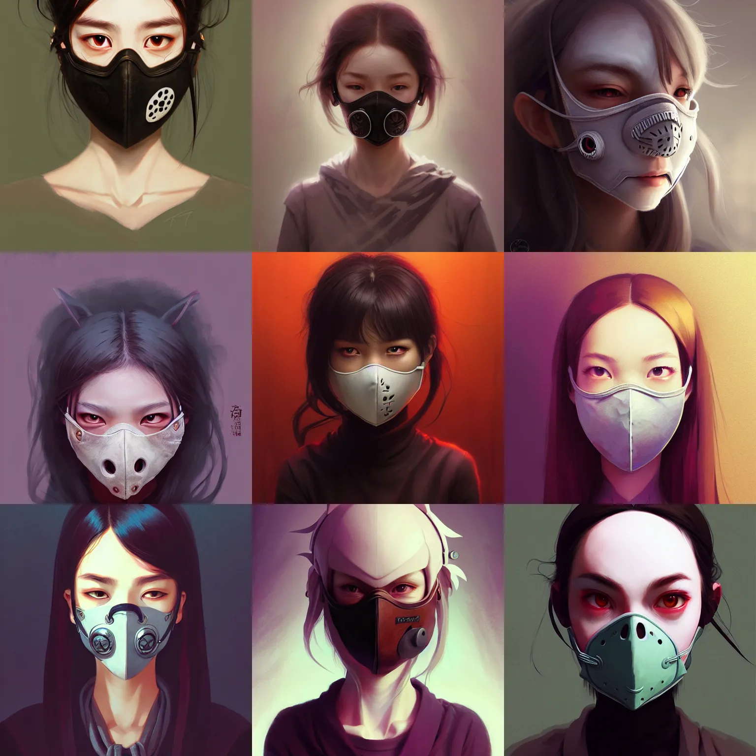 Prompt: headshot of female character wearing a face mask with spooky design made from leather, solid background color, digital art, illustration, smooth color, wenjun lin, studio ghibli, pixiv, artgerm, greg rutkowski, ilya kuvshinov