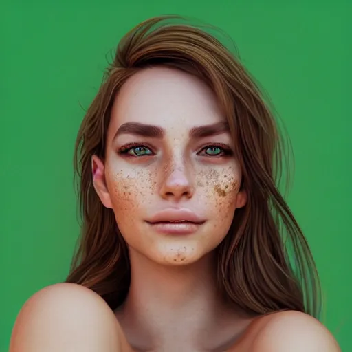 Image similar to portrait of a cute thin young woman, bronze brown hair, eye color is emerald green, red blush, cute freckles, smug smile, modern clothes, relaxing on the beach, golden hour, close up shot, 8 k, art by irakli nadar, hyperrealism, hyperdetailed, ultra realistic