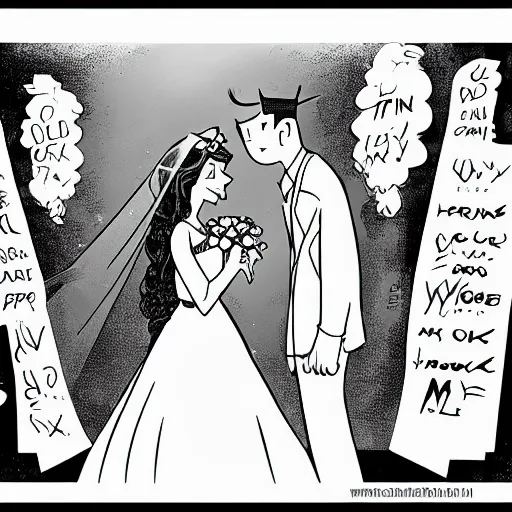 Image similar to gravity falls! white eyes black iris eye, wedding couple, cartoon, comics