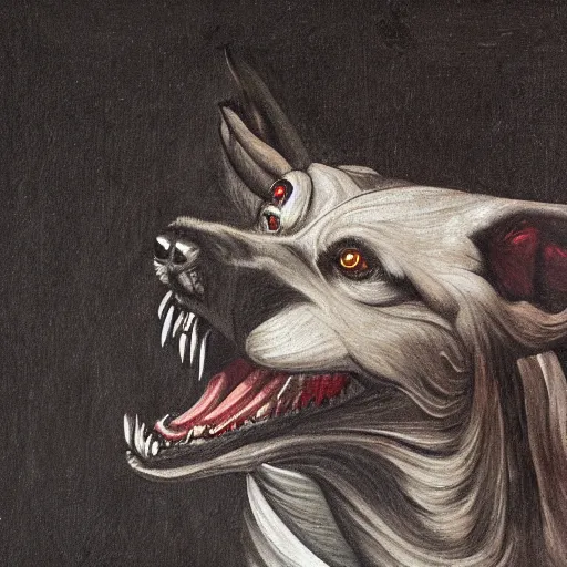 Prompt: detailed painting of a hellhound in caravaggio style painting