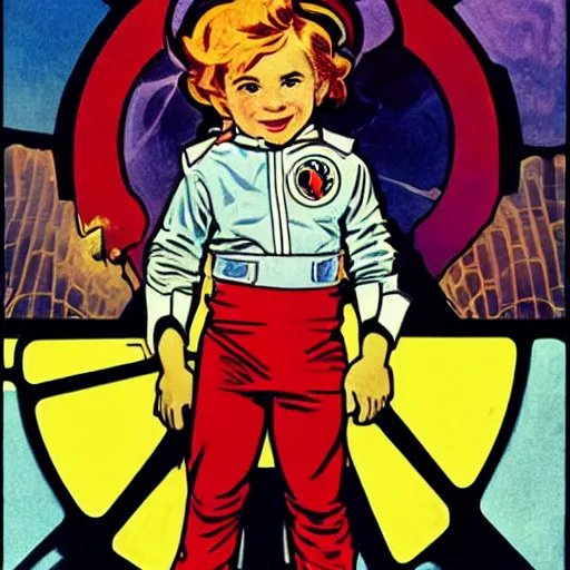 Image similar to a cute little boy with a mischievous face and short ginger hair. he is dressed as an astronaut. well composed, clean elegant painting, beautiful detailed face. painting by steve ditko and jack kirby and ( alphonse mucha )