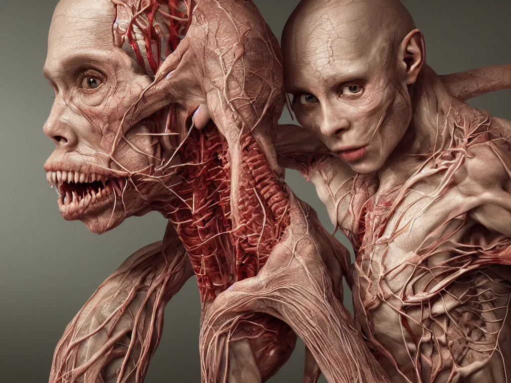 Image similar to female human with translucent skin, visible muscles and veins and arteries and bones and spines and nerves, beautiful detailed intricate insanely detailed octane render, 8k artistic photography, photorealistic, chiaroscuro, by David Cronenberg, Raphael, Caravaggio