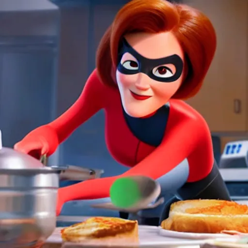 Image similar to film still of helen parr cooking breakfast in incredibles 2