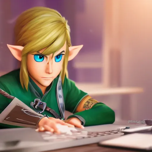 Image similar to Link from Zelda, sitting at a desk programming on a computer, close-up shot, cozy, elegant, realistic character concept, indoor lighting, hyperdetailed, high resolution, insanely detailed and intricate, Yusuke Nakano