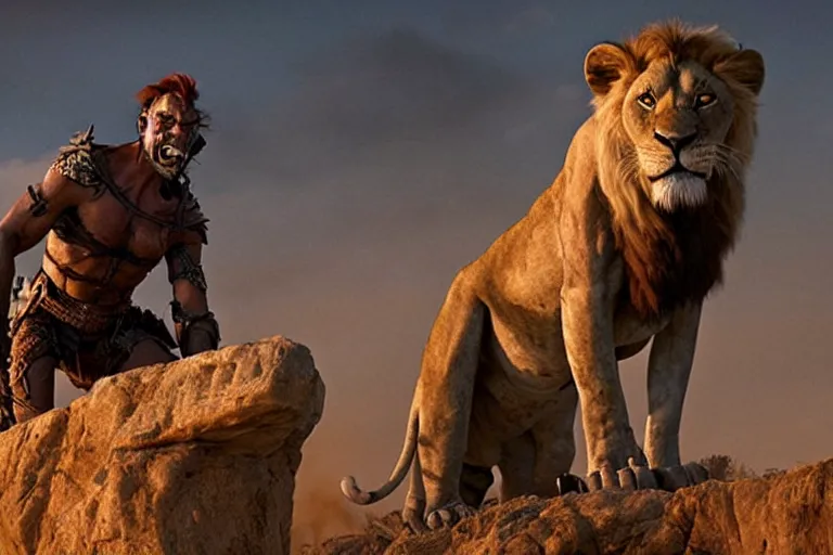 Prompt: scar ( from the lion king ), heavily armed and armored facing down armageddon in a dark and gritty reboot from the makers of mad max : fury road : witness me