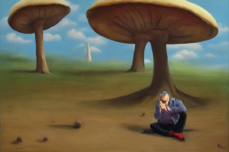 Image similar to sad orban viktor sitting under a big mushroom, surreal oil painting