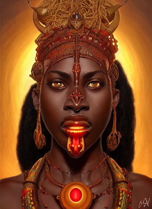 Prompt: angry orisha warrior god, bronze skin tone, bushy goatee, glowing red eyes, volumetric lights, earth tones and golden scheme, tribal and primitive, intricate, highly detailed, digital painting, artstation, concept art, smooth, sharp focus, illustration, kemetic symbolism, art by artgerm and greg rutkowski and alphonse mucha